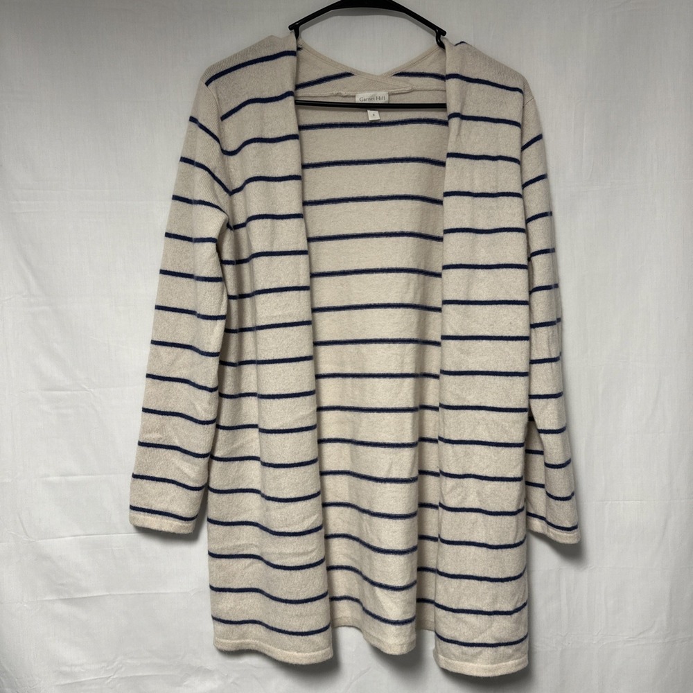 Garnet Hill Women's Small 100% Cashmere Blue White Striped Open Front Cardigan